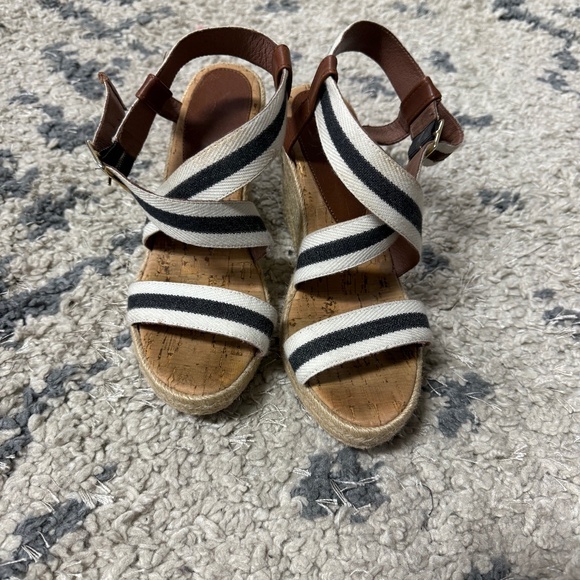 Weekend MaxMara Striped Black White Canvas Leather Espadrille Wedge Sandals 37 - Picture 2 of 8